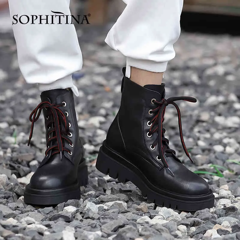 SOPHITINA Women Ankle Boots High Quality Leather Handmade Non-Slip Shoes Cross-Tied Round Toe Mid Heel Casual Ladies Boots SO710 210513