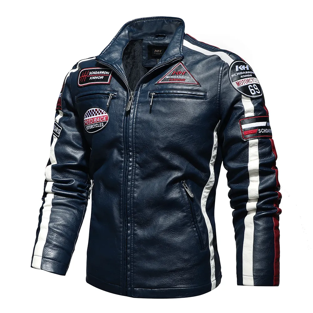 Clássico mens motocicleta vintage jaqueta homens moda motociclista jaqueta de couro masculino bordado bordado casaco de inverno velo velo PU casaco