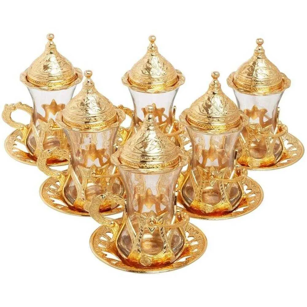 Ottoman Authentic Design Turkish Greek Arabic Tea Set 6 Service Tea, Cup Plates & Lids gift