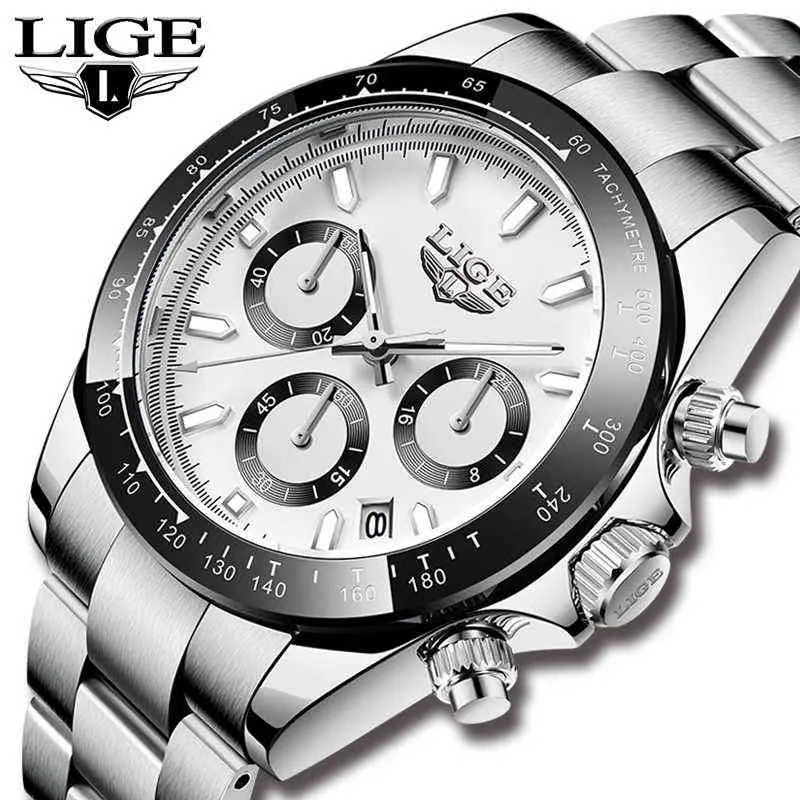 LIGE Mode Hommes Montres avec Acier Inoxydable Top Marque De Luxe Sport Chronographe Quartz Montre Hommes Relogio Masculino 210527