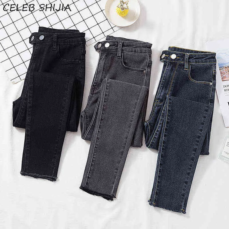 Hoge taille vrouw jeans elastische denim chic grijs zwart enkellengte potlood broek dame moeder lente zomer skinny 211129