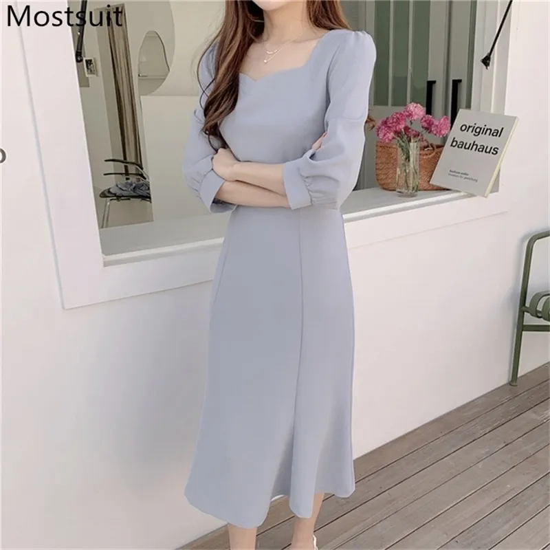 Höst Koreansk Elegant Mode Lång Klänning Kvinnor 3/4 Ärm Square Collar Belted Klänningar Solid Ladies Pläterad Vestidos Femme 210513