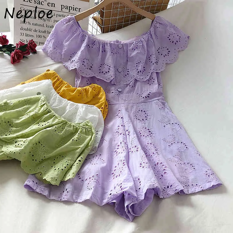 Nepoel sexy slash nek schouder strapless lace haak bloem jumpsuits vrouwen hoge taille hip wide been bodysuits zomer playsuit 210510