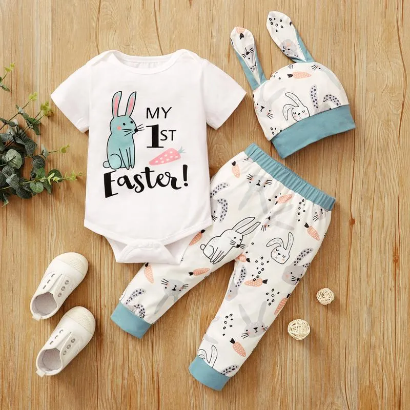 Barboteuse Bébé Imprimé Lapin De Pâques - Ensemble Body + Pantalon + Chapeau