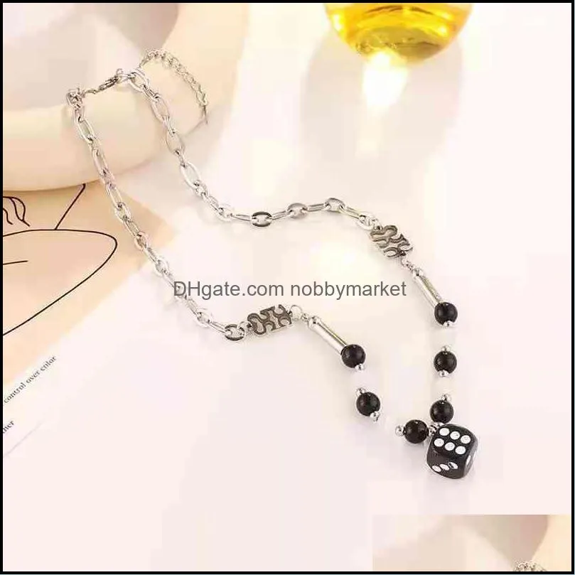 Fashion accsori men and women hip hop black pearl jade bead dice chain splicing women`s fashion minority Cuban steel necklace