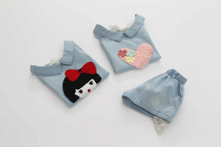 Girls Clothes Summer Casual 2-10 Years Old Kids Little Baby Cartoon Girl T Shirt+Shorts 2 Piece Lace Denim Blue Suit Set (17)