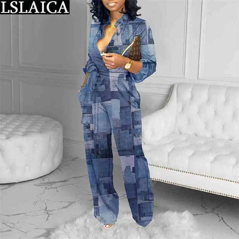 Womens Kleding Imitatie Denim Print Losse Riem Wide Been Jumpsuit Dames Mode Verkoop Lange Mouw Casual Abbigliamento Donna 210515