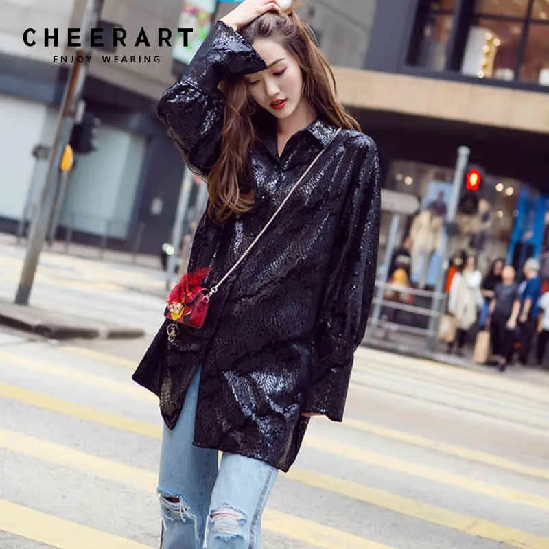 Snake Print Glitter Velvet Womens Tops And Blouses Black Long Sleeve Loose Shirt Women Korean Fashion Clothing 210427