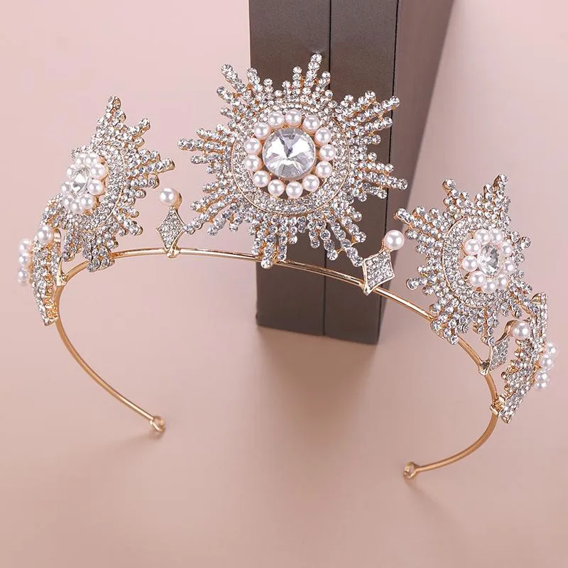 Vintage Altın Kristal İnciler Gelin Tiaras Taçlar Barok Rhinestone Pageant Diadem Peçe Tiara Saç Bantları Düğün Saç Aksesuarları Klipler Bar