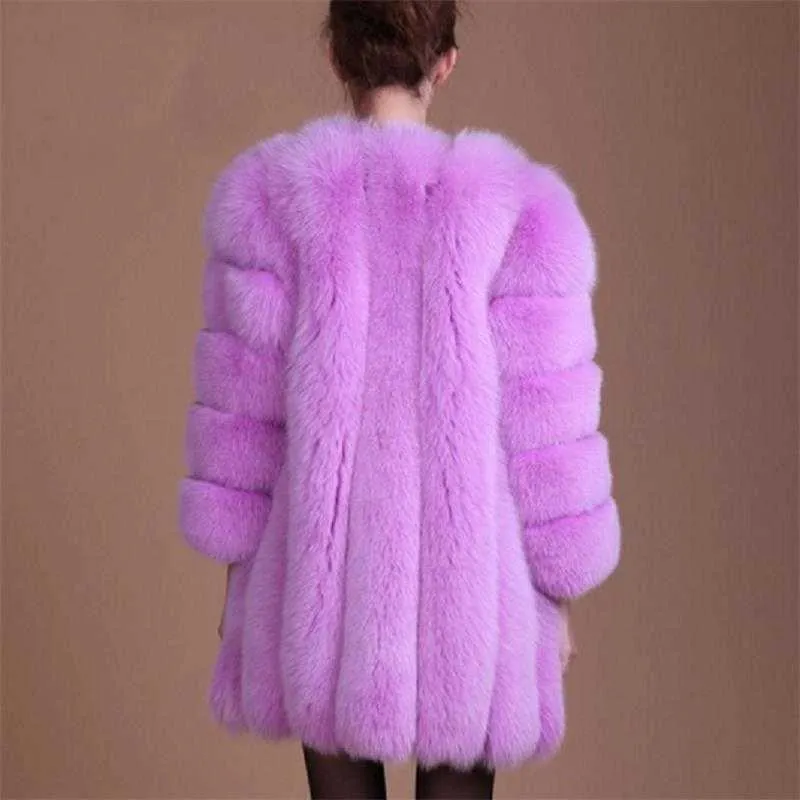 Faux Fox Fur Coat Kobiety Slim Faux Fur Kurtka Long Coat Winter Faux Fox Fur Coat Stripe Luksusowy Moda 4XL Biały, Niebieski, Purpurowy Y0829