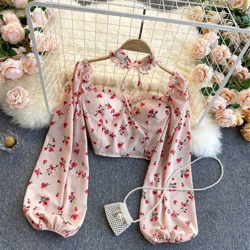 Sexy Frauen Tops Gothic Floral Print Elegante Chiffon Bluse Shirts Langarm Rosa Dame Crop Kleidung 211018