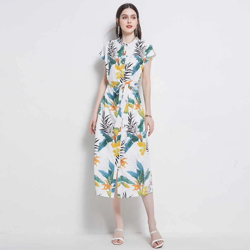 Vrouwen zomer ontwerper bloemen print shirt jurk mode casual feestje gewaad vrouwelijke vintage losse slanke midi jurk vestidos 210525