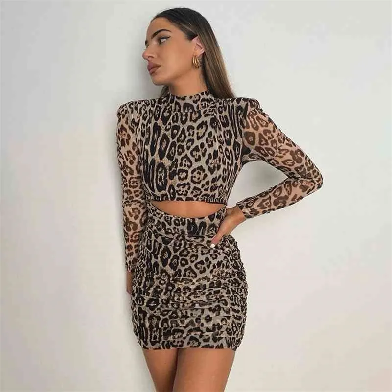 Bahar Avrupa ve Amerikan Tarzı kadın Uzun Kollu Yuvarlak Boyun Leopar Desen Slim Fit Moda Çanta Kalça Elbise 210602