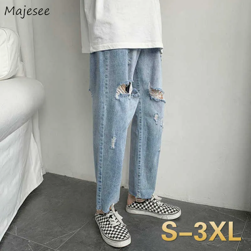 Hombres Jeans Agujero Recto Ripped Baggy Pierna Ancha Sólido Simple Casual Lavado Denim Pantalones Hombre Coreano All-Match Trendy Street-wear X0621