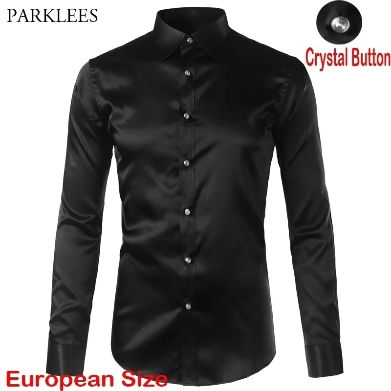 Noir Satin Soie Comme Robe Chemises Hommes Marque De Luxe Dîner De Mariage À Manches Longues Sans Rides Tuxedo Chemise Hommes Chemise Homme 210522