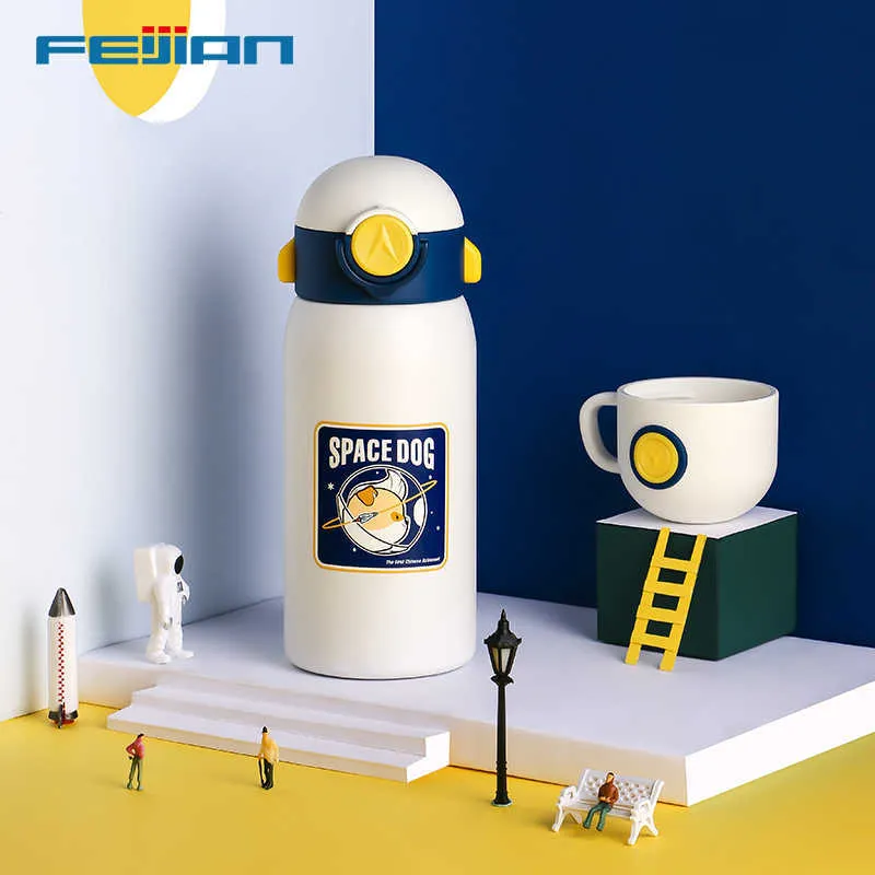 FEIJIAN Coffret cadeau thermos pour enfant, tasse thermos en paille, matériau en silicone de qualité alimentaire en acier inoxydable 18/8, 600 ml, garder au froid et 210907