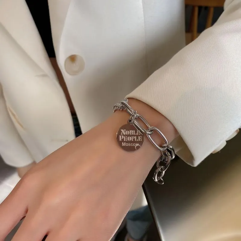 Link, Chain Silver Color Punk Bangle Classic Hip Hop Harajuku Thick Thin Double Pendant Link Round Bracelet For Men Jewelry