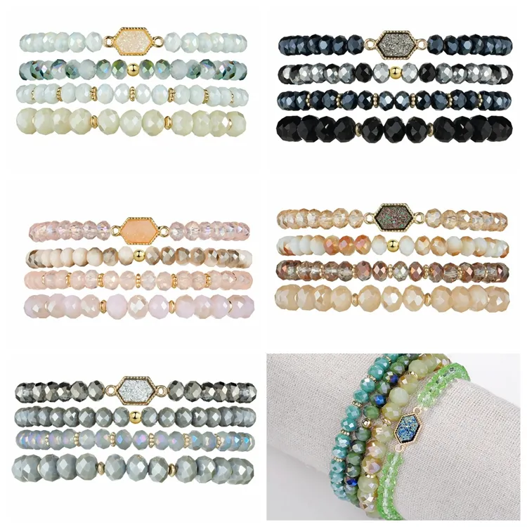 Boheemse Multi Layer Kralen Armbanden Veelzijdig Stretch Strand Sparkly Crystal Beads Wrap Slip-on Manchet Bangle Set