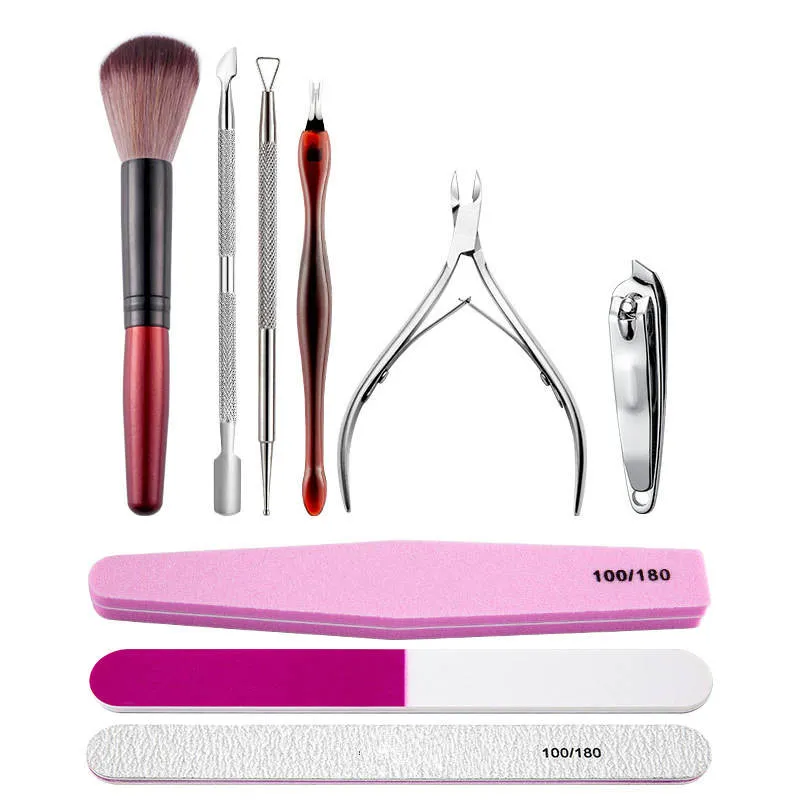 Skönhet Spa 9 st 100 180 Nail Files Manicure Set Verktyg Rostfritt Stål Cuticle Pushers Scissor Polish Burishing Sticks