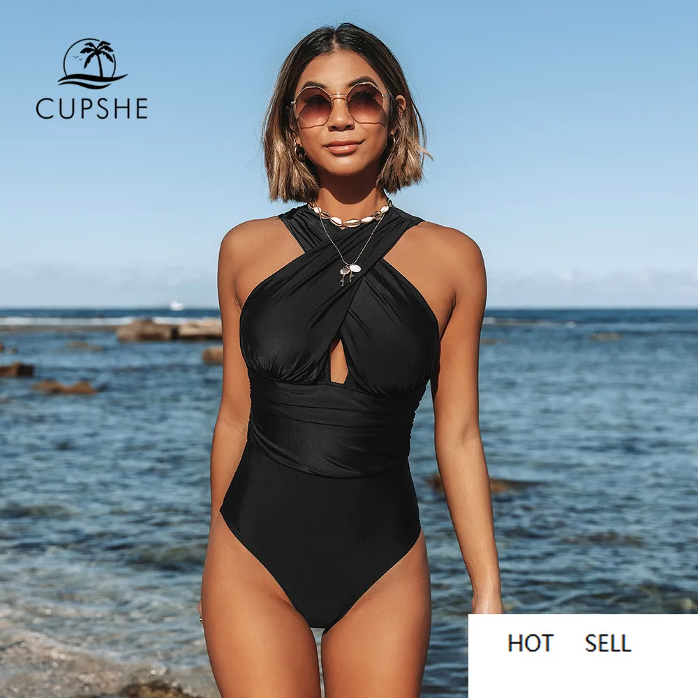 Noir profond sentiments croix une pièce maillot de bain femmes plaine découpe licou maillots de bain 2021 plage Sexy maillot de bain maillots de bain