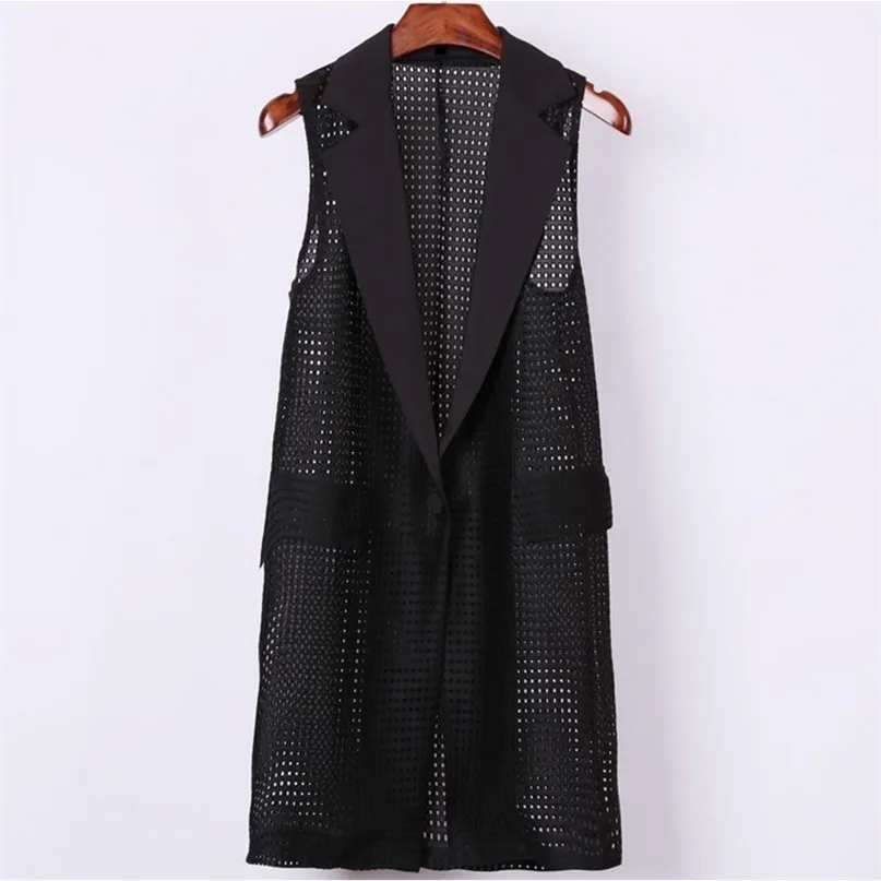 plus size 4XL Women Black Long Hollow Vest Coat Europen Style Waistcoat Sleeveless Jacket Large Outwear Top Roupa Female 210915