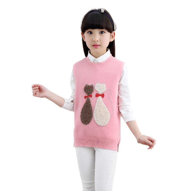 Girls Vests Waistcoat Children's Cartoon Knitted For Teenage Kids Outerwear 210528