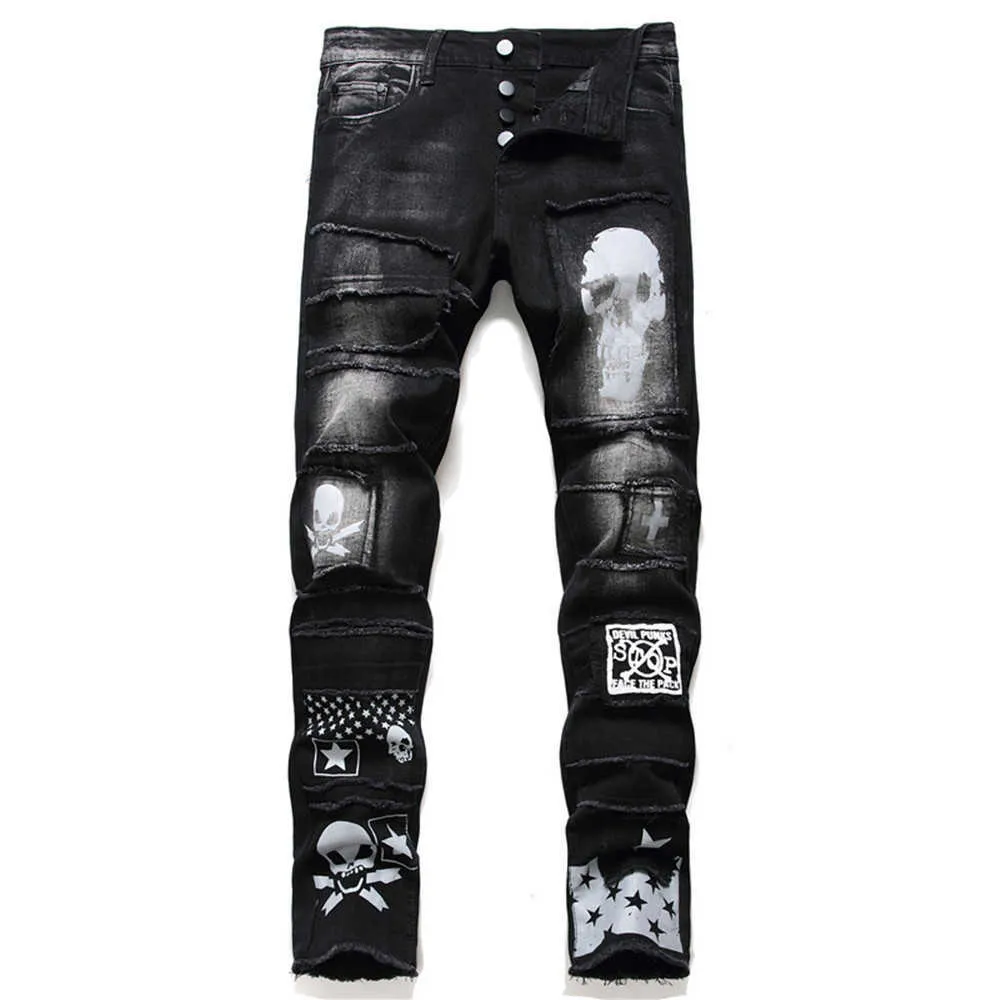 New Style Wash Ripped Jeans Men's Skull-Print Slim Stretch Black Patch Jeans Casual Fashion Personality Trousers X0621