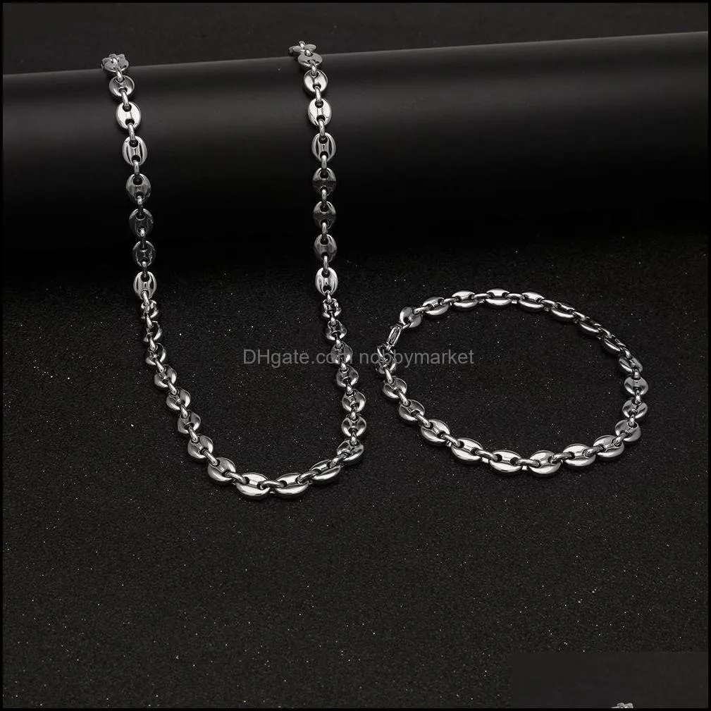 Men`s Hip Hop 316L Stainless Steel Coffee Bean Chain Pig Nose Chain Button Necklace New