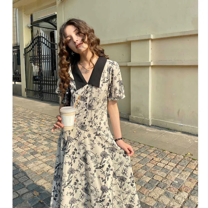 French Vintage Black Patchwork High Waist Dress Hepburn Style Print Lapel Elegant Slim Roman Summer Women's Dresses 210527