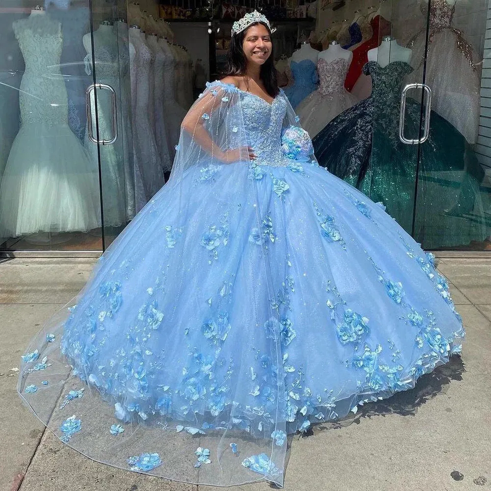 Vintage Baby Blue 3D Floral Flowers Quinceanera Dresses 2021 Mexican with Cape Robe Corset Ball Gown Vestido De 15 Sweet