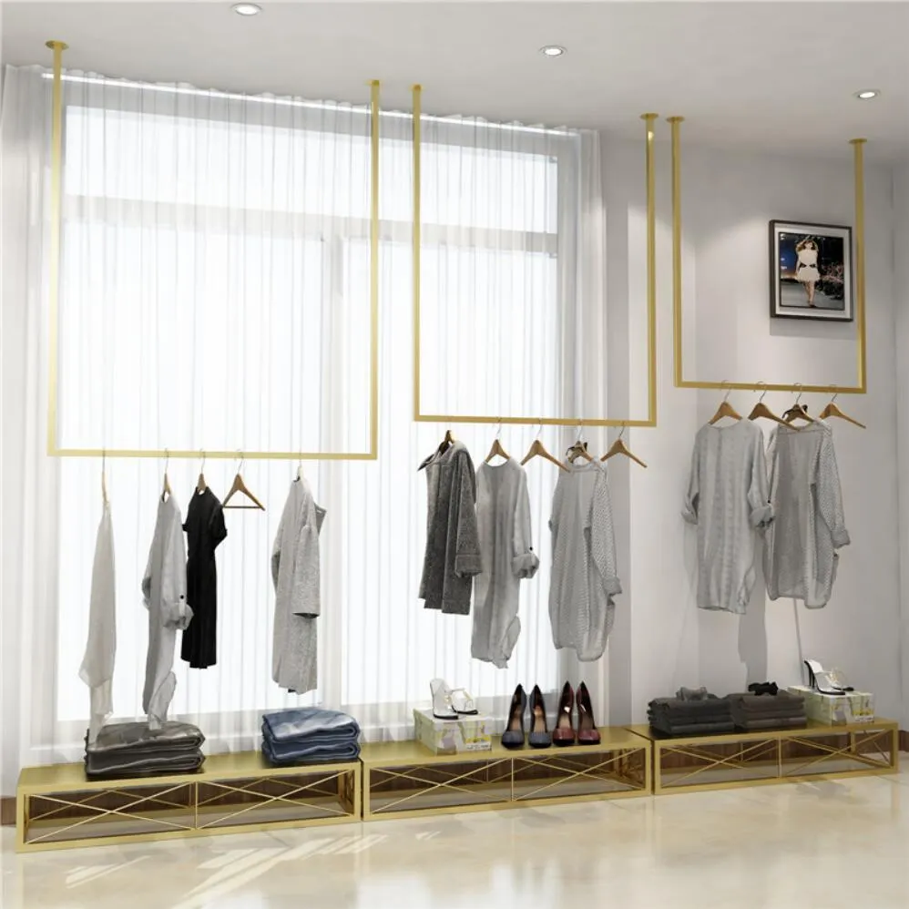Creative U-formade bröllopsklänning Racks Kommersiella möbler High-End Display Shelf Clothing Store Golden Ceiling Hanging Dresses Rack