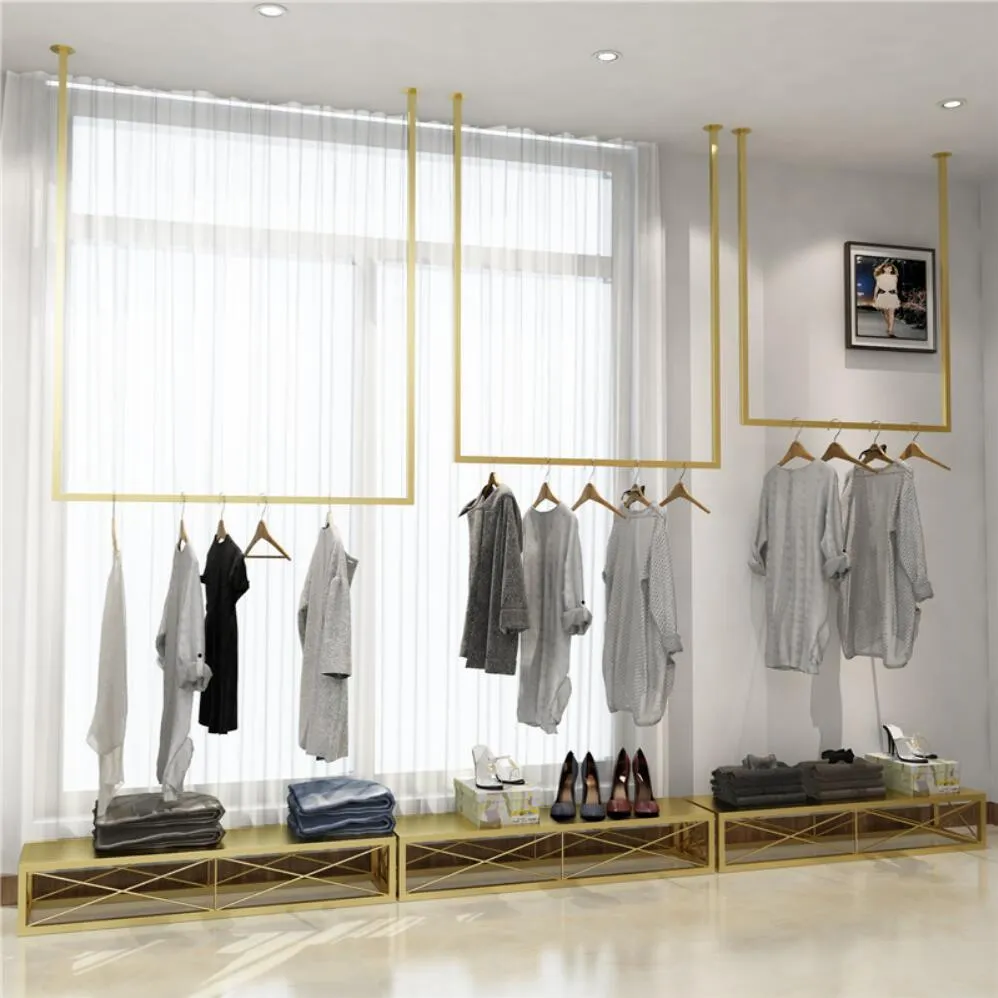 Creative U-shaped wedding dress racks Commercial Furniture high-end display shelf clothing store golden ceiling hanging dresses rack