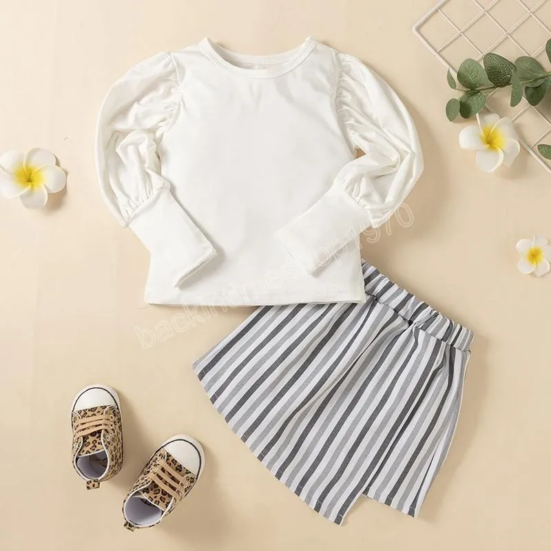 kids Clothing Sets girls outfits children Puff Sleeve Tops+Stripe skirts 2pcs/set summer Spring Autumn fashion Boutique baby clothes