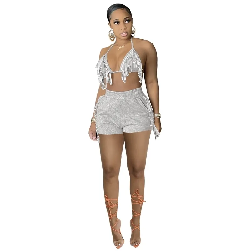 Women's Solid Color Tassel Strap Sexy Nightclub Party Shorts Matching Set Two-piece Track Suit Elegant Women Cloth Wholesale 210525