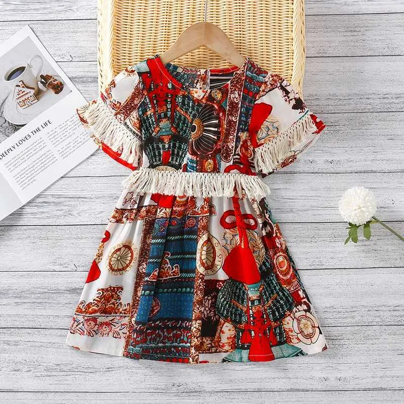 Flickor Etnisk stil Sommarklänning Fringed Lace Short Sleeve Baby Dress Folk-Custombaby Princess Dress Q0716