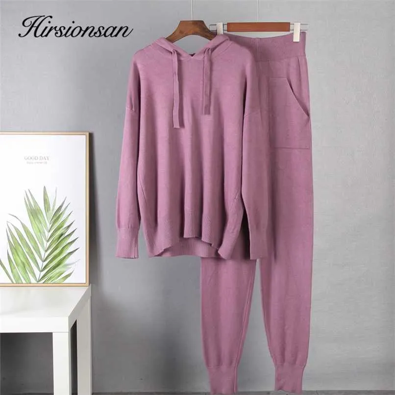 Hirsionsan Cashmere Casual Two Piece Knitted Carrot Pants & Hooded Sweater Women Autumn Winter Sets Female Tracksuits Harem Pant 211116