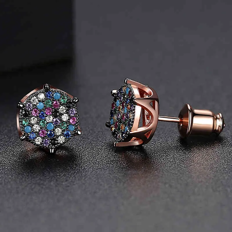 Boucles d'oreilles rondes géométriques multicolores en pierre CZ pavée scintillantes pour femmes et hommes, bijoux Hip Hop Rap