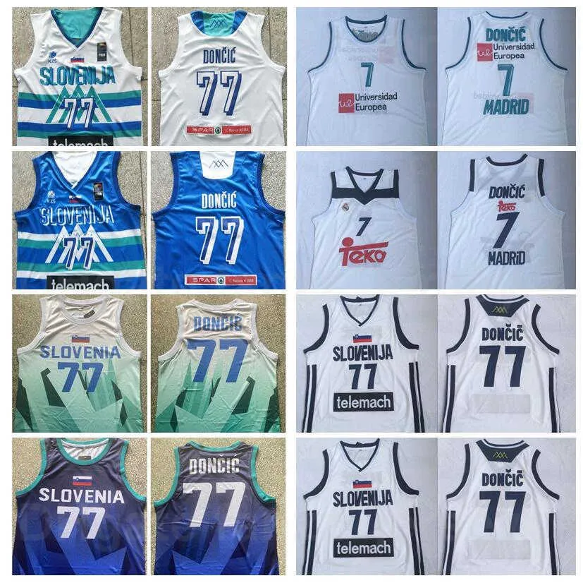 Real Madrid Euroliga Europa Baloncesto 7 Luka Doncic 77 Eslovenia Equipo nacional Jersey Hombres Azul Blanco Visitante Color Camisa transpirable para fanáticos del deporte Calidad superior