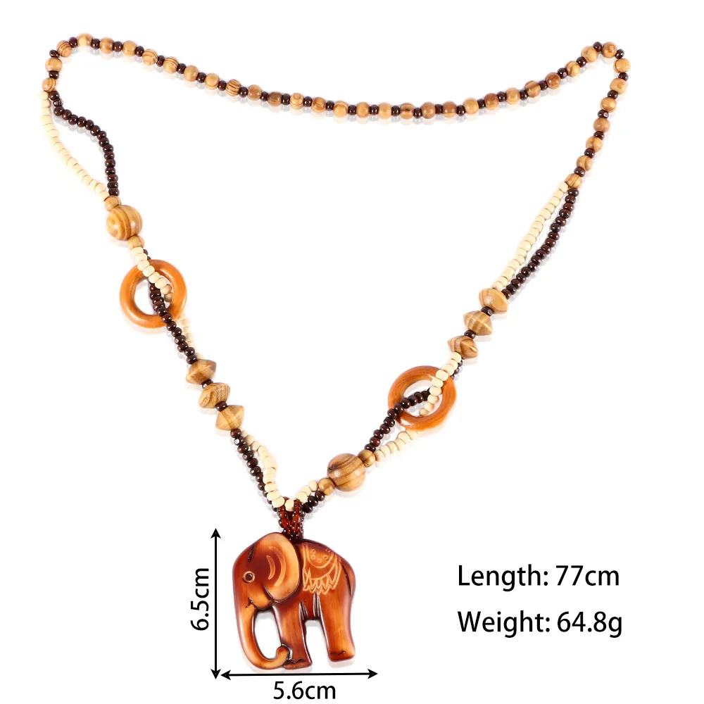 Collana da donna in stile boemo da 10 pezzi, gioielli in stile etnico, lunghi, fatti a mano, con perline, in legno, con ciondolo a forma di elefante