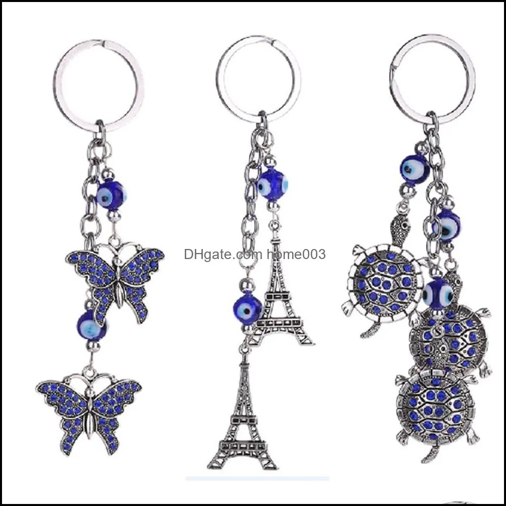 Lucky Evil Eye Charms Keychain Butterfly Turtle Tower Pendent Tassel Key Chain Crystal Car Key Chain Women Fashion Jewelry Gifts