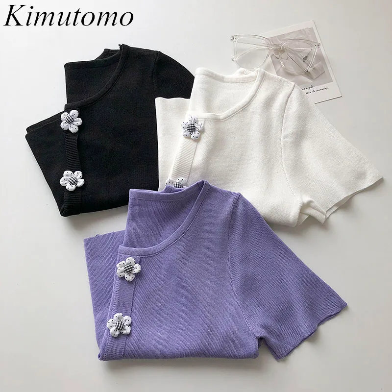 Kimutomo bm vento curto t-shirt mulheres verão estilo coreano meninas o pescoço mangas curtas doce flor tridimensional top 210521
