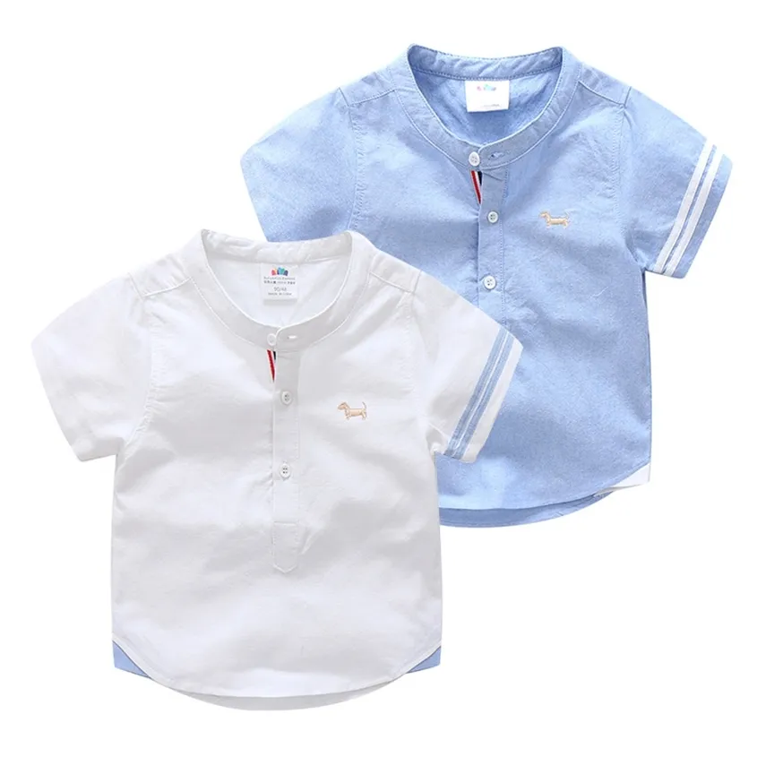 Barn födelsedagspresentkläder sommar mode bomull vit blå färg tecknad hund tryck kort ärm mandarin krage pojke skjorta 220222