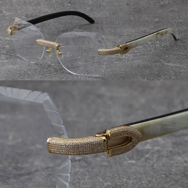 Neue randlose Luxus-Rahmen mit Mikropavé und Diamantbesatz, innen weiß, schwarze Büffelhorn-Brillen für Herren und Damen, 18-karätige Goldrahmen-Brillen, Unisex-Holz-Mann-Designer-Brillen