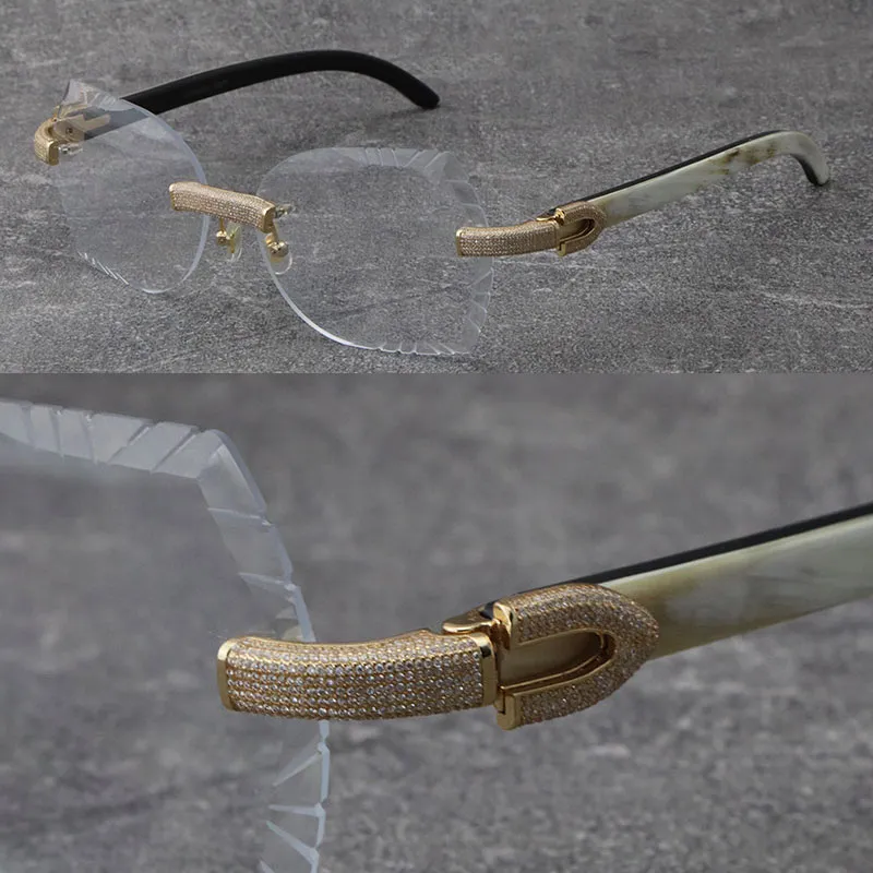 New Rimless Luxury Micro-paved Diamond set Frames White Inside Black Buffalo Horn Eyewear Male and Female 18K Gold Frame Glasses Unisex Wood Man designer Eyeglasses