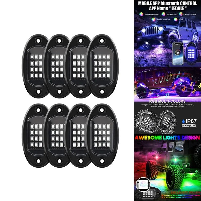 Luzes interiorexternais Pods RGB LED Kit de Rock Underglow Luz de néon multicolorido com controle de aplicativo Bluetooth para caminhão ATV UTV SUV