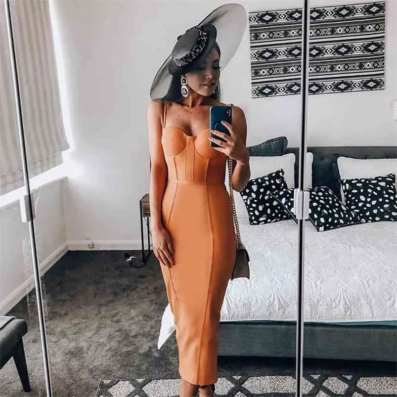 Bandage Dress evening summer women's long maxi bodycon dress ribbed orange red black sexy party dress club birthday outfits 210730