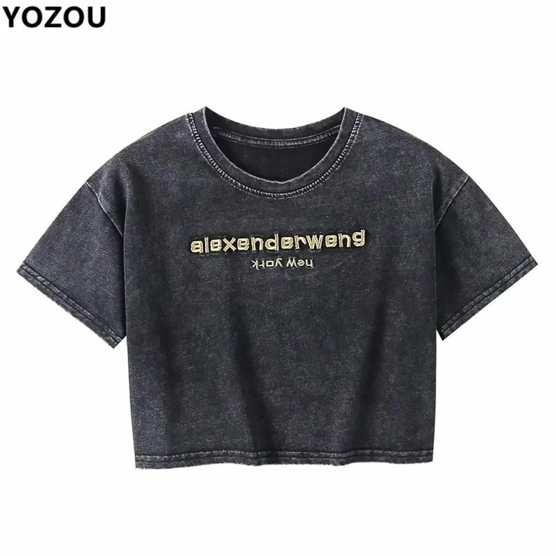 Yozou Dames Retro Vintage Letters Borduurwerk Zomer Verontruld Zwart O-hals Crop Top T-shirt voor Vrouw 210623
