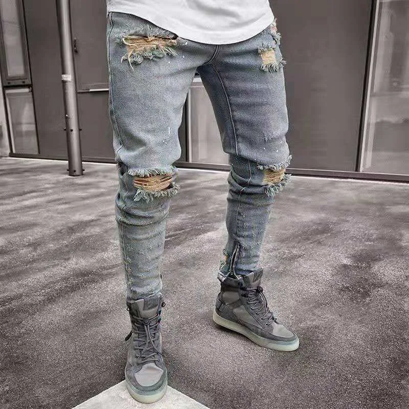 Mens Jeans Slim Fit Big Hole Pencil Pants New Style High Elastic Summer Street Hip Hop Urban Wind Casual Pants