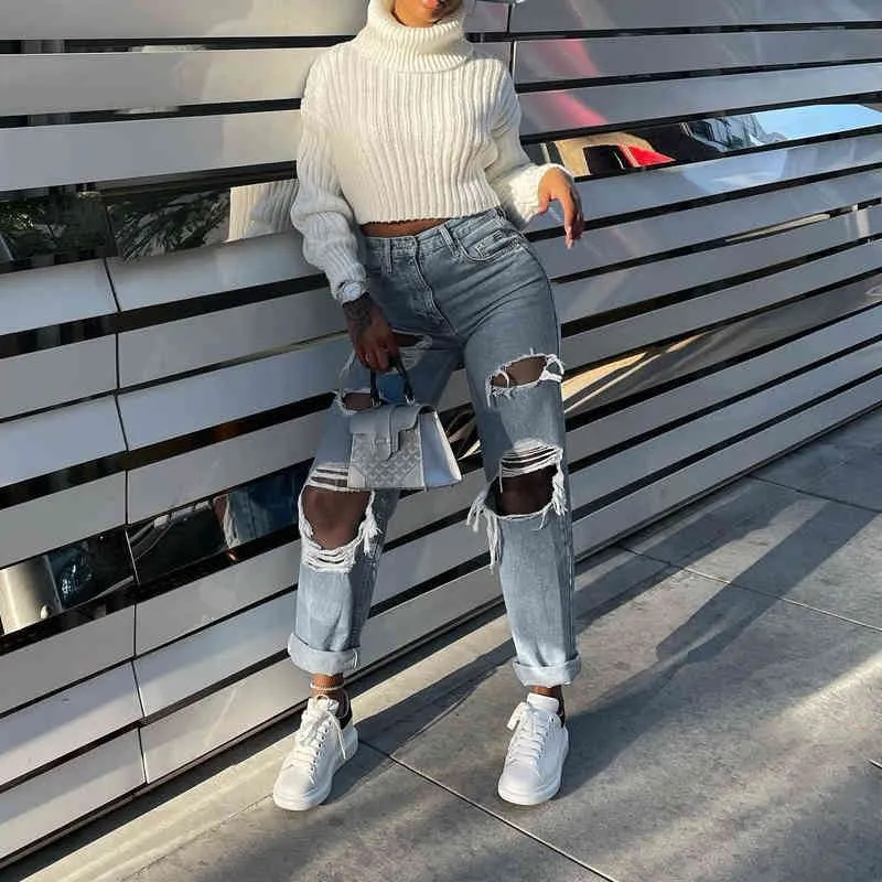 Street Solid Hollowed Out High Waist Straight Denim Jeans Street Solid Hollowed Out High Waist Straight Denim Jeans