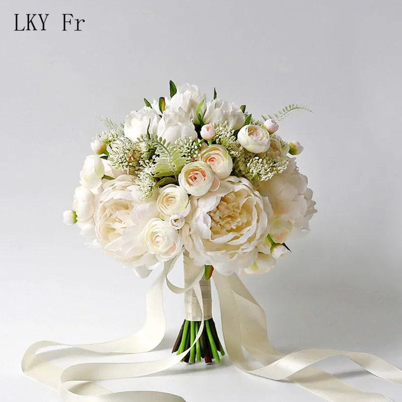 Fiori matrimonio LKY Fr Bouquet Rose di seta Bianche Artificiali da sposa A Matrimonio Damigelle d'onore